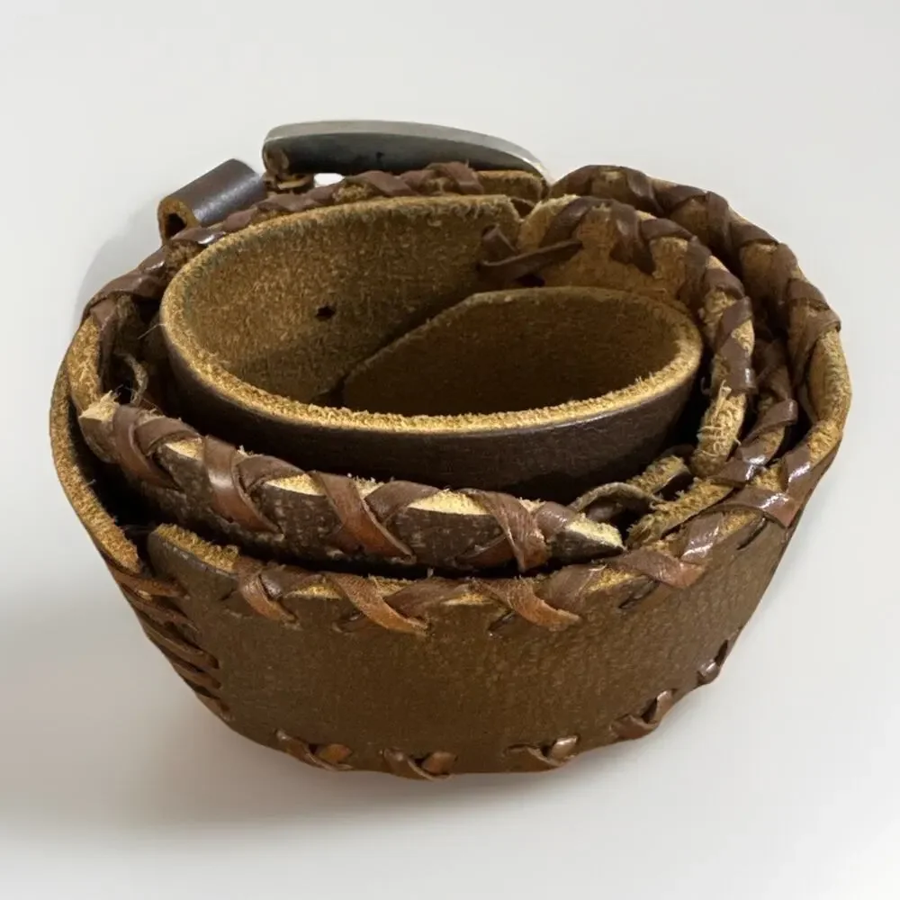 Unisex Stitched Leather Belt Brown Distressed 33-36” Waist 2” Wide